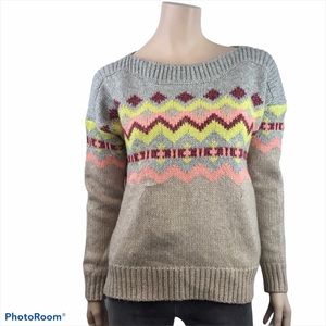 Boat Neck Tan Cable Knit Chevron Wool Blend Sweater with Pockets Size Small